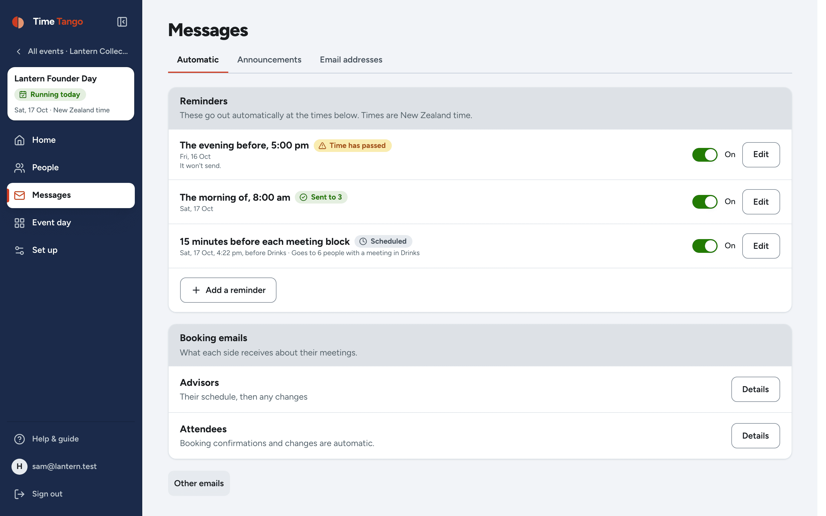 The automatic emails screen: each message listed with when it sends, including a reminder before each meeting block