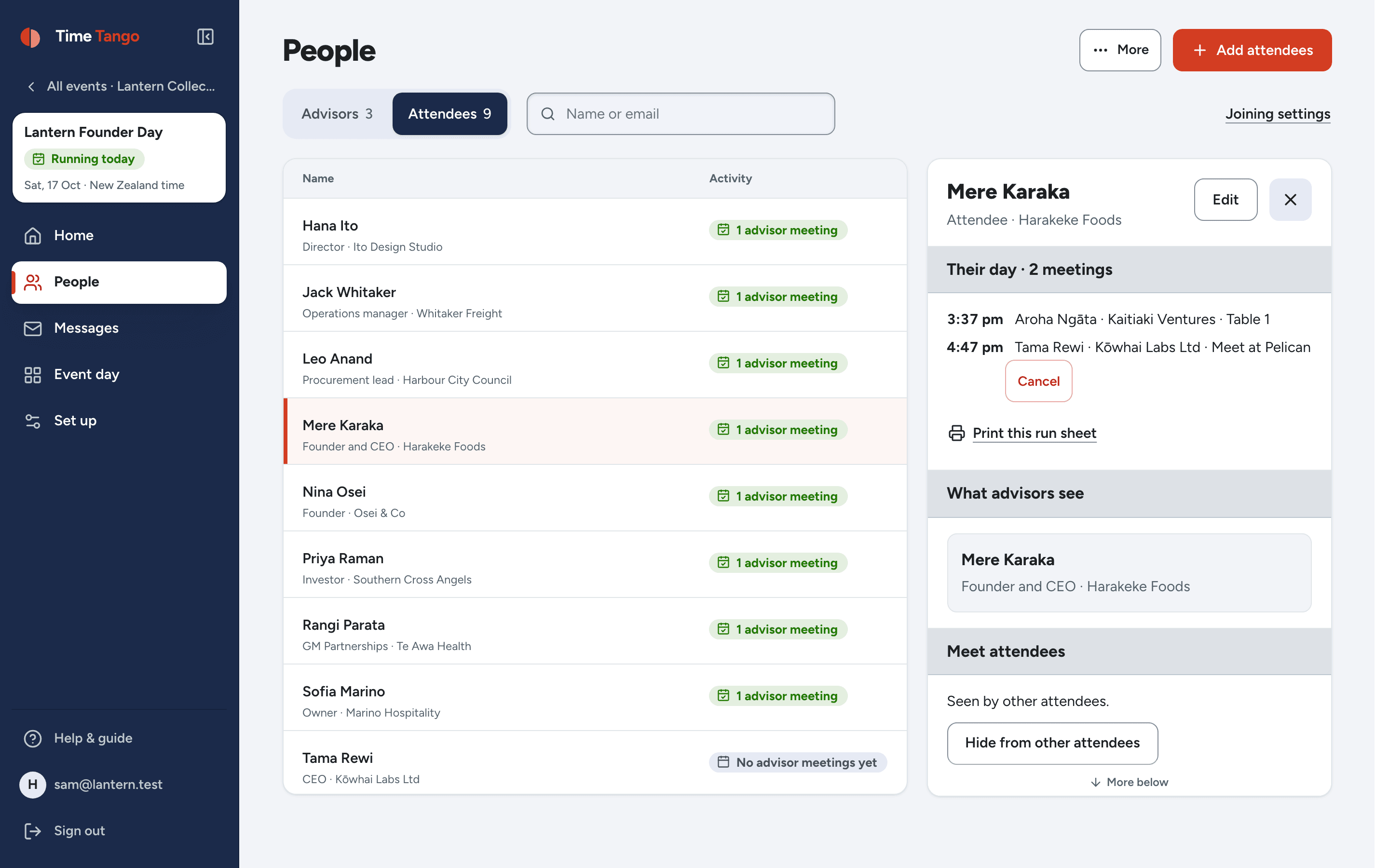 The People screen: every attendee listed with their organisation and how many meetings they have, and one person's panel open beside the list