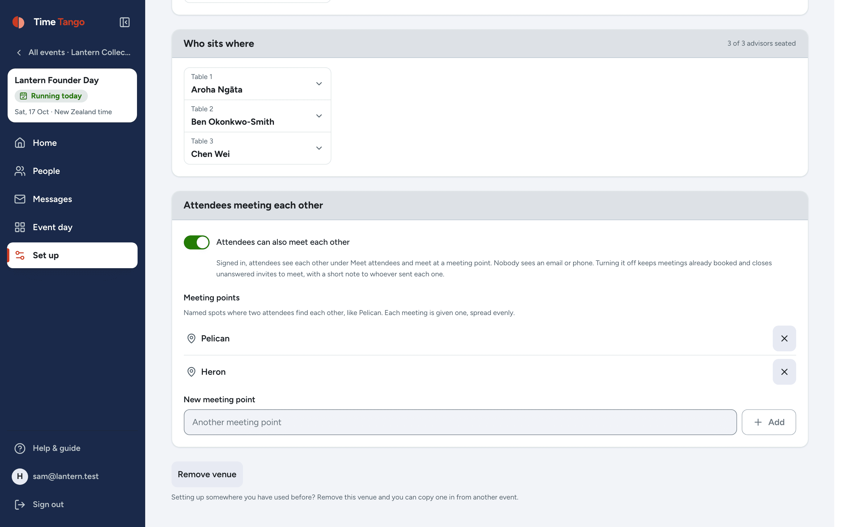 Rooms, tables and meeting points in the Time Tango admin