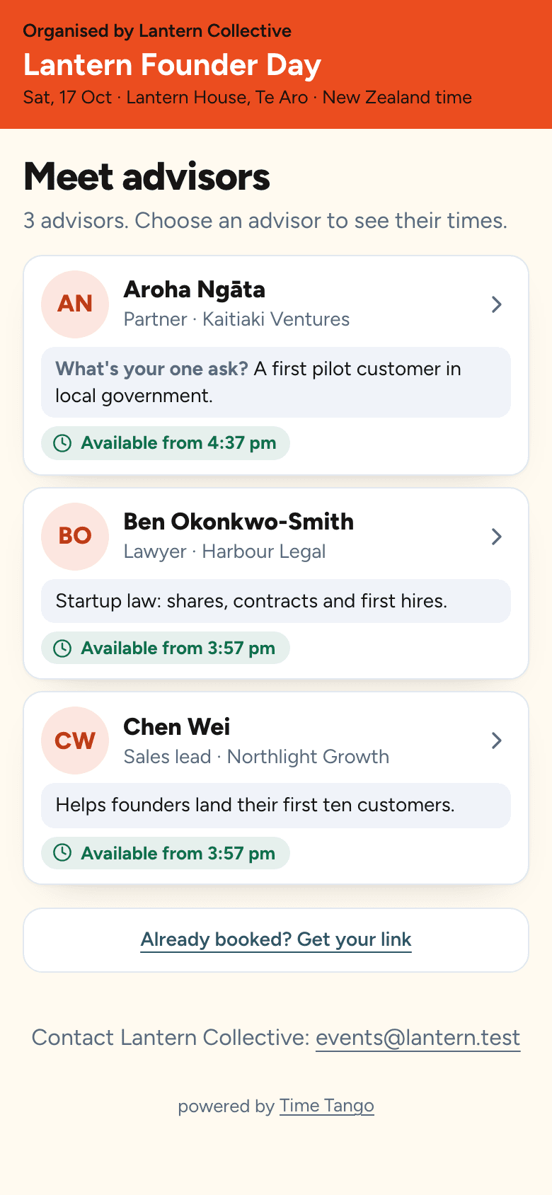 The same booking page on a phone