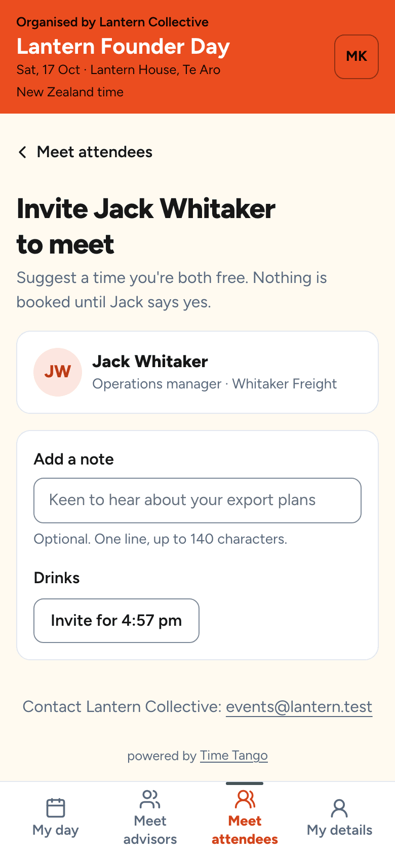 Inviting another guest to meet: only the times both are free, grouped under the meeting block, with a short note