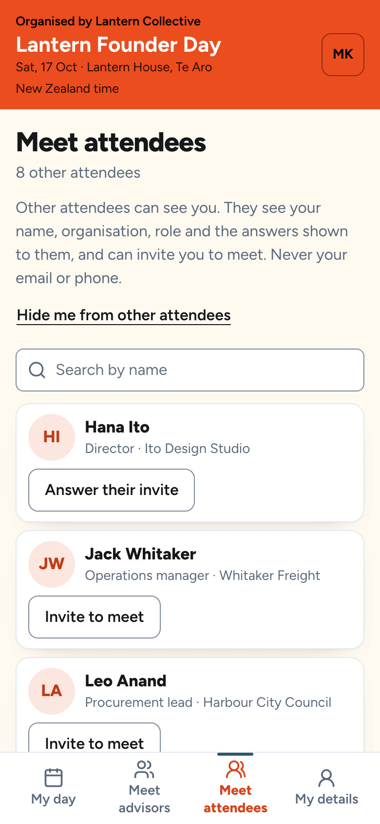 The guest list on a phone: each attendee's name, organisation and role, with an Invite to meet link on every card