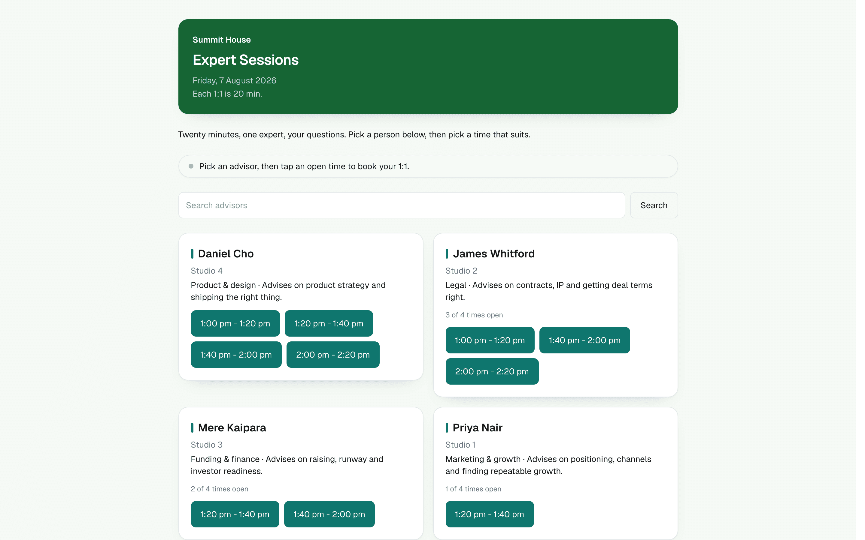 A branded participant booking page with advisors and open times