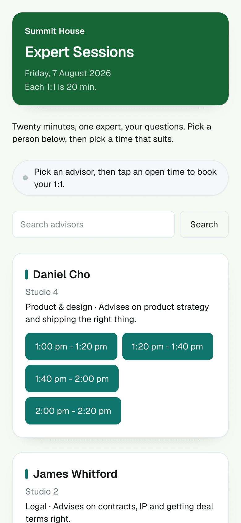 The same booking page on a phone